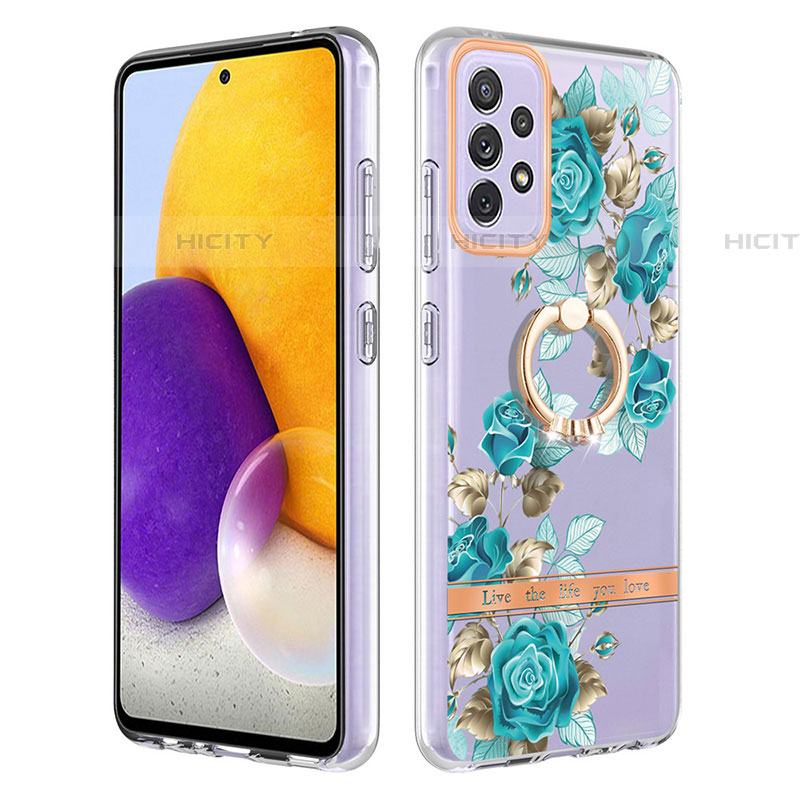 Handyhülle Silikon Hülle Gummi Schutzhülle Flexible Modisch Muster mit Fingerring Ständer Y06B für Samsung Galaxy A72 4G Cyan