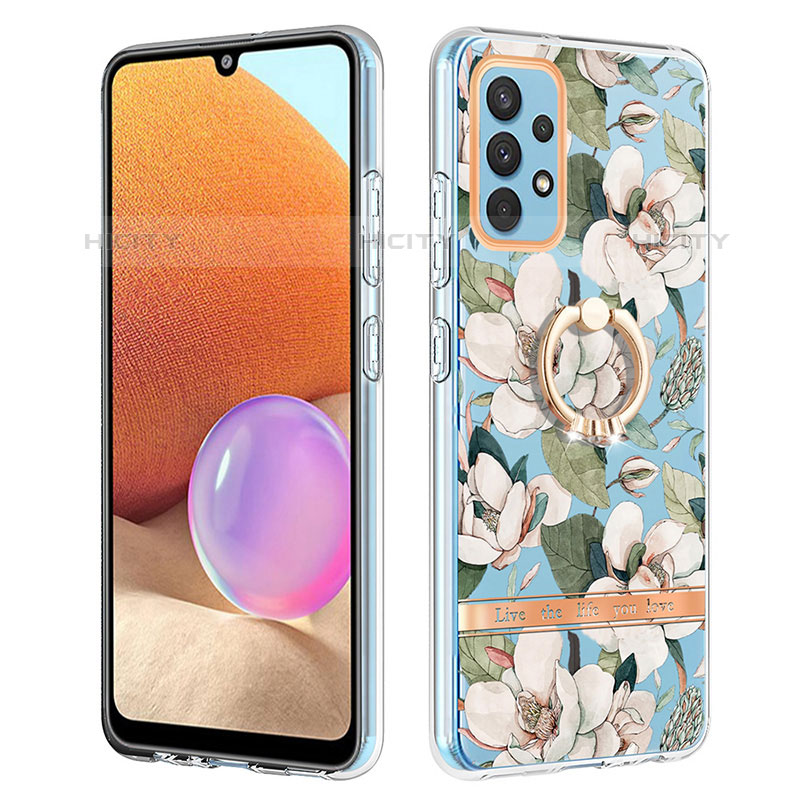 Handyhülle Silikon Hülle Gummi Schutzhülle Flexible Modisch Muster mit Fingerring Ständer Y06B für Samsung Galaxy M32 5G Weiß Plus