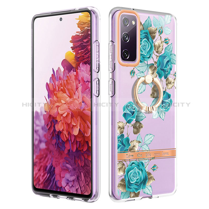 Handyhülle Silikon Hülle Gummi Schutzhülle Flexible Modisch Muster mit Fingerring Ständer Y06B für Samsung Galaxy S20 FE 5G Cyan