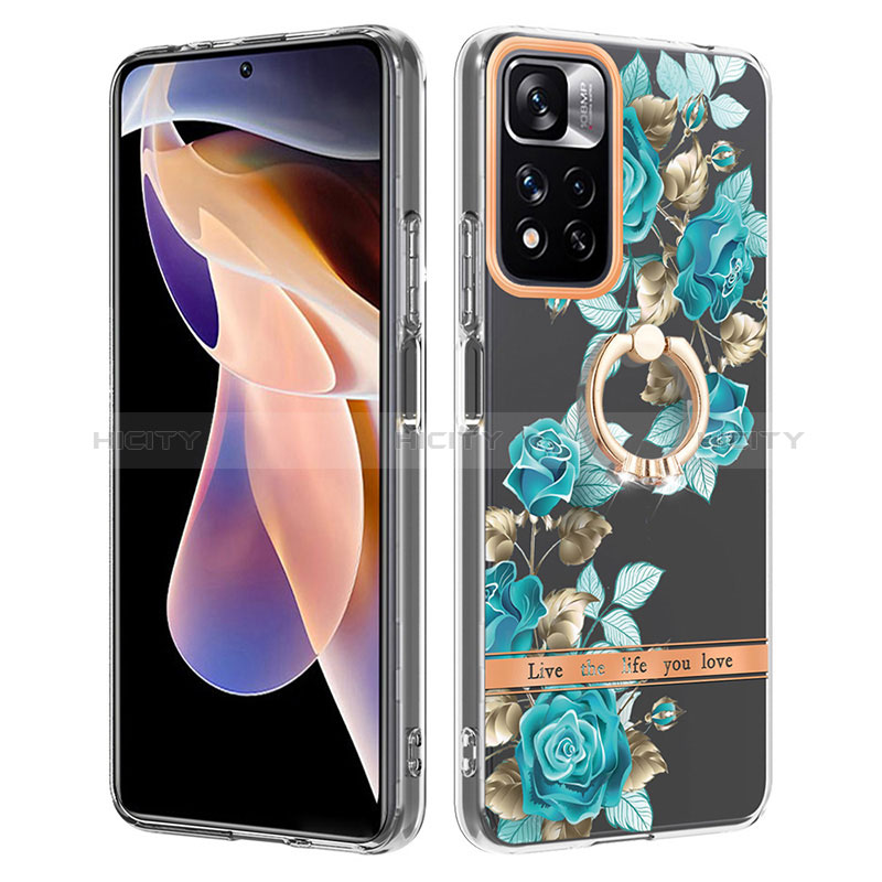 Handyhülle Silikon Hülle Gummi Schutzhülle Flexible Modisch Muster mit Fingerring Ständer Y06B für Xiaomi Mi 11i 5G (2022) Cyan