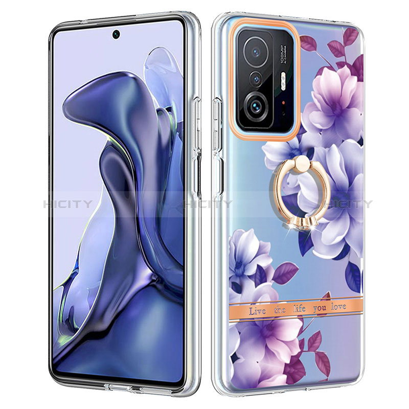 Handyhülle Silikon Hülle Gummi Schutzhülle Flexible Modisch Muster mit Fingerring Ständer Y06B für Xiaomi Mi 11T 5G Violett