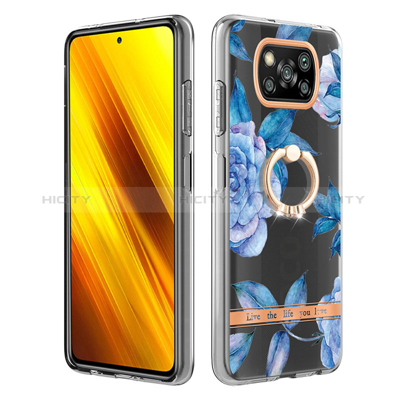 Handyhülle Silikon Hülle Gummi Schutzhülle Flexible Modisch Muster mit Fingerring Ständer Y06B für Xiaomi Poco X3 NFC Blau Plus