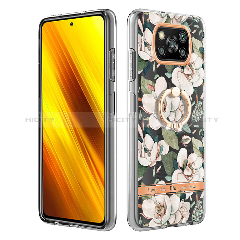 Handyhülle Silikon Hülle Gummi Schutzhülle Flexible Modisch Muster mit Fingerring Ständer Y06B für Xiaomi Poco X3 Pro Weiß