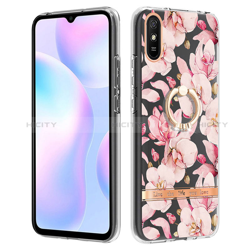 Handyhülle Silikon Hülle Gummi Schutzhülle Flexible Modisch Muster mit Fingerring Ständer Y06B für Xiaomi Redmi 9A Rosa