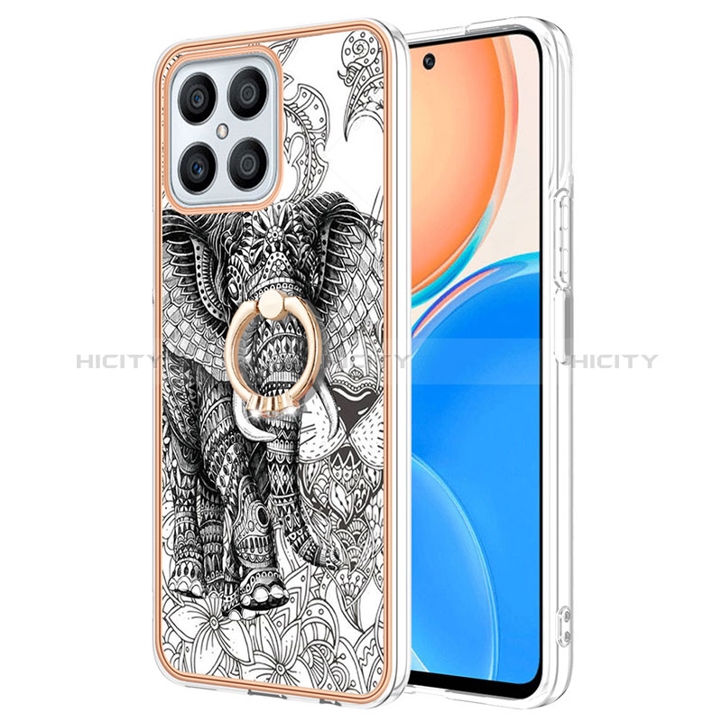 Handyhülle Silikon Hülle Gummi Schutzhülle Flexible Modisch Muster mit Fingerring Ständer YB2 für Huawei Honor X8 4G Grau