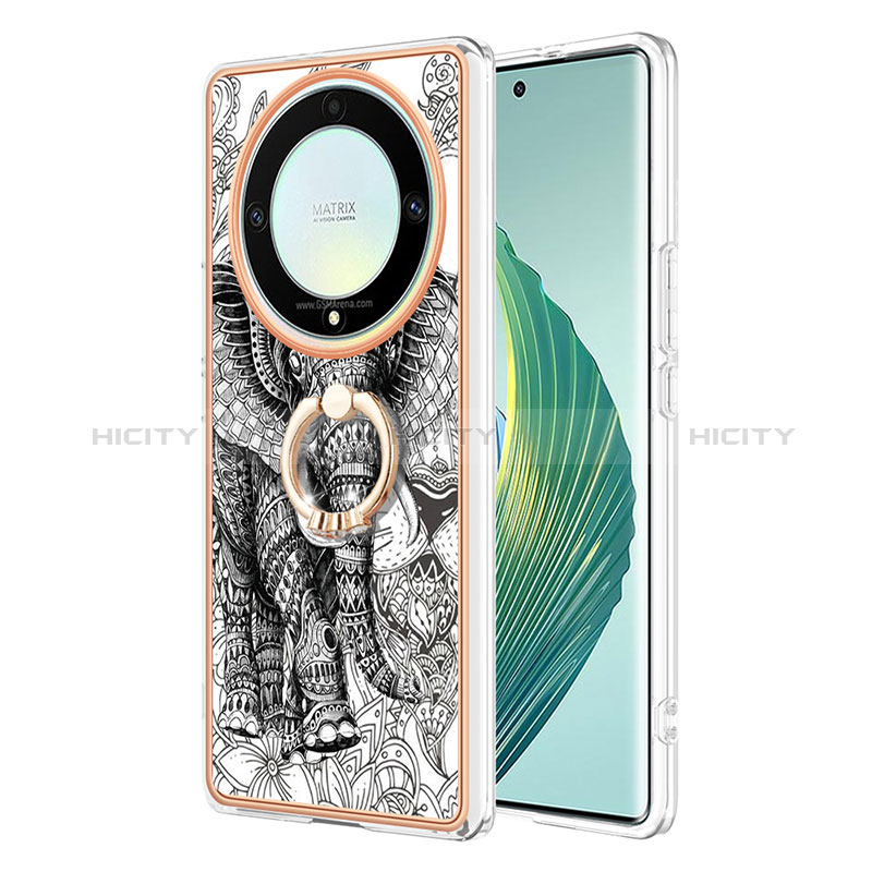 Handyhülle Silikon Hülle Gummi Schutzhülle Flexible Modisch Muster mit Fingerring Ständer YB2 für Huawei Honor X9a 5G Grau Plus