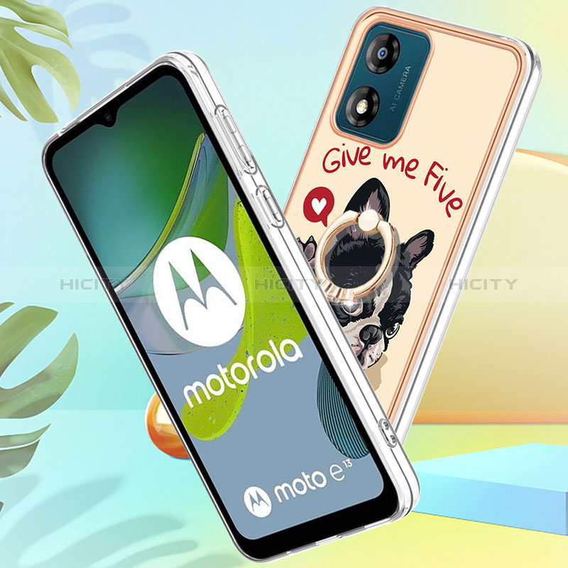 Handyhülle Silikon Hülle Gummi Schutzhülle Flexible Modisch Muster mit Fingerring Ständer YB2 für Motorola Moto E13 groß