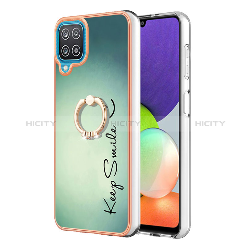 Handyhülle Silikon Hülle Gummi Schutzhülle Flexible Modisch Muster mit Fingerring Ständer YB2 für Samsung Galaxy F12 Grün