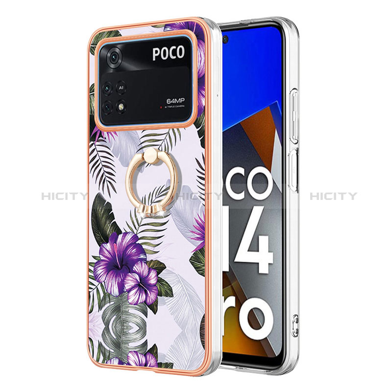 Handyhülle Silikon Hülle Gummi Schutzhülle Flexible Modisch Muster mit Fingerring Ständer YB3 für Xiaomi Poco M4 Pro 4G Violett