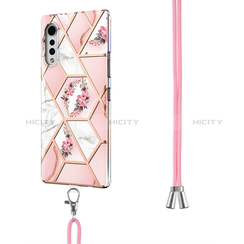 Handyhülle Silikon Hülle Gummi Schutzhülle Flexible Modisch Muster mit Schlüsselband Lanyard Y01B für LG Velvet 4G Rosa