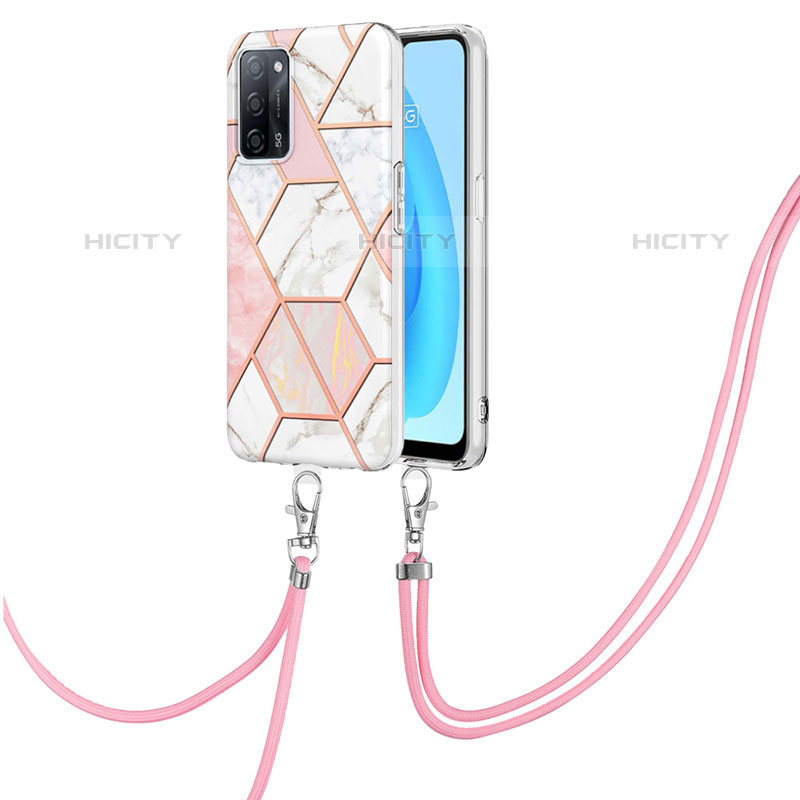 Handyhülle Silikon Hülle Gummi Schutzhülle Flexible Modisch Muster mit Schlüsselband Lanyard Y01B für Oppo A53s 5G Rosa Plus