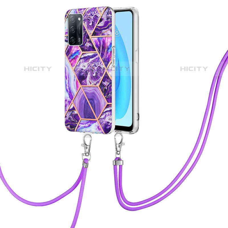 Handyhülle Silikon Hülle Gummi Schutzhülle Flexible Modisch Muster mit Schlüsselband Lanyard Y01B für Oppo A53s 5G Violett