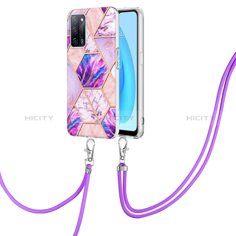 Handyhülle Silikon Hülle Gummi Schutzhülle Flexible Modisch Muster mit Schlüsselband Lanyard Y01B für Oppo A56 5G Helles Lila