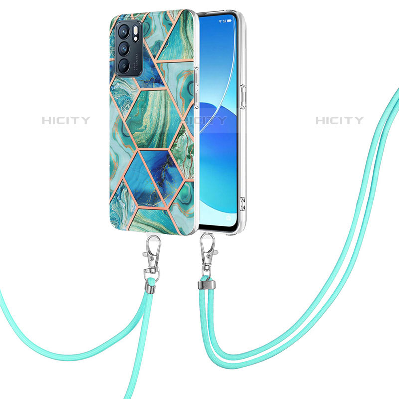 Handyhülle Silikon Hülle Gummi Schutzhülle Flexible Modisch Muster mit Schlüsselband Lanyard Y01B für Oppo Reno6 5G Grün Plus