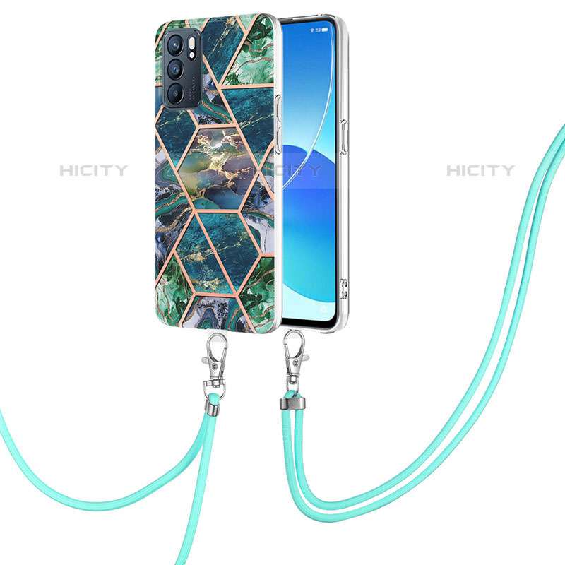 Handyhülle Silikon Hülle Gummi Schutzhülle Flexible Modisch Muster mit Schlüsselband Lanyard Y01B für Oppo Reno6 5G Nachtgrün