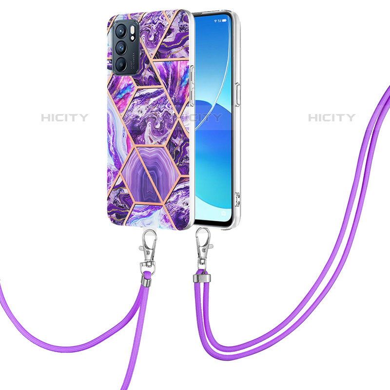 Handyhülle Silikon Hülle Gummi Schutzhülle Flexible Modisch Muster mit Schlüsselband Lanyard Y01B für Oppo Reno6 5G Violett Plus