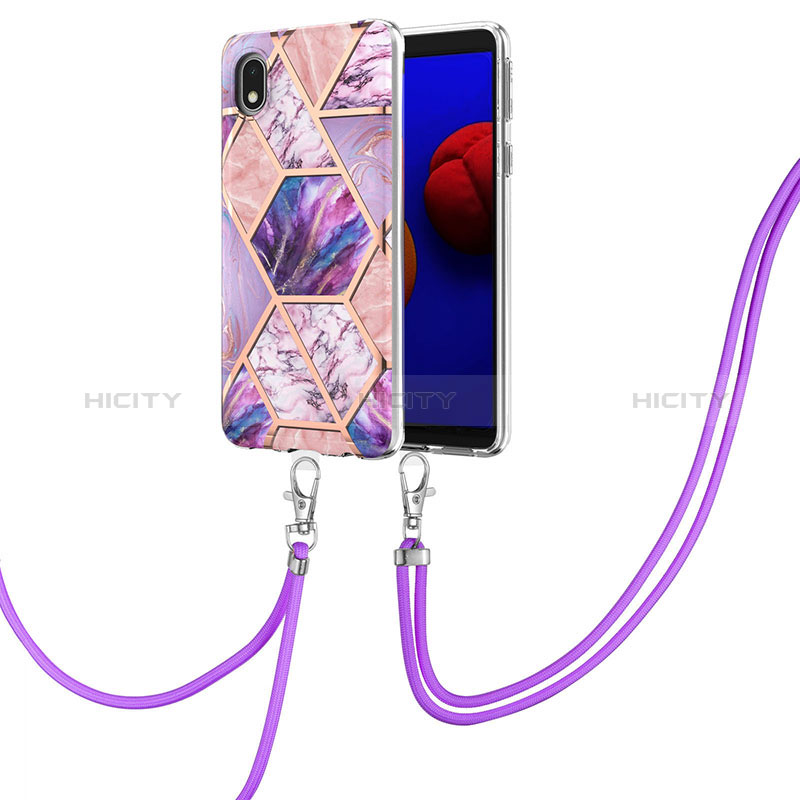 Handyhülle Silikon Hülle Gummi Schutzhülle Flexible Modisch Muster mit Schlüsselband Lanyard Y01B für Samsung Galaxy A01 Core Helles Lila Plus