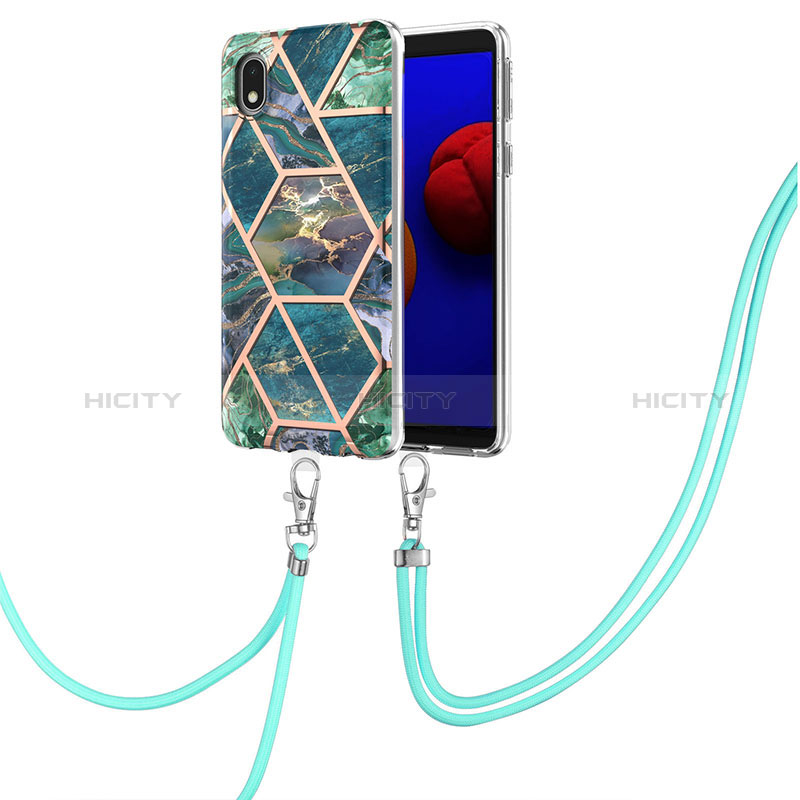 Handyhülle Silikon Hülle Gummi Schutzhülle Flexible Modisch Muster mit Schlüsselband Lanyard Y01B für Samsung Galaxy A01 Core Nachtgrün Plus