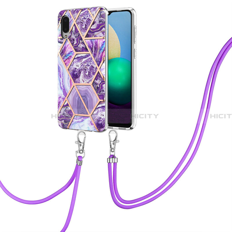 Handyhülle Silikon Hülle Gummi Schutzhülle Flexible Modisch Muster mit Schlüsselband Lanyard Y01B für Samsung Galaxy A02