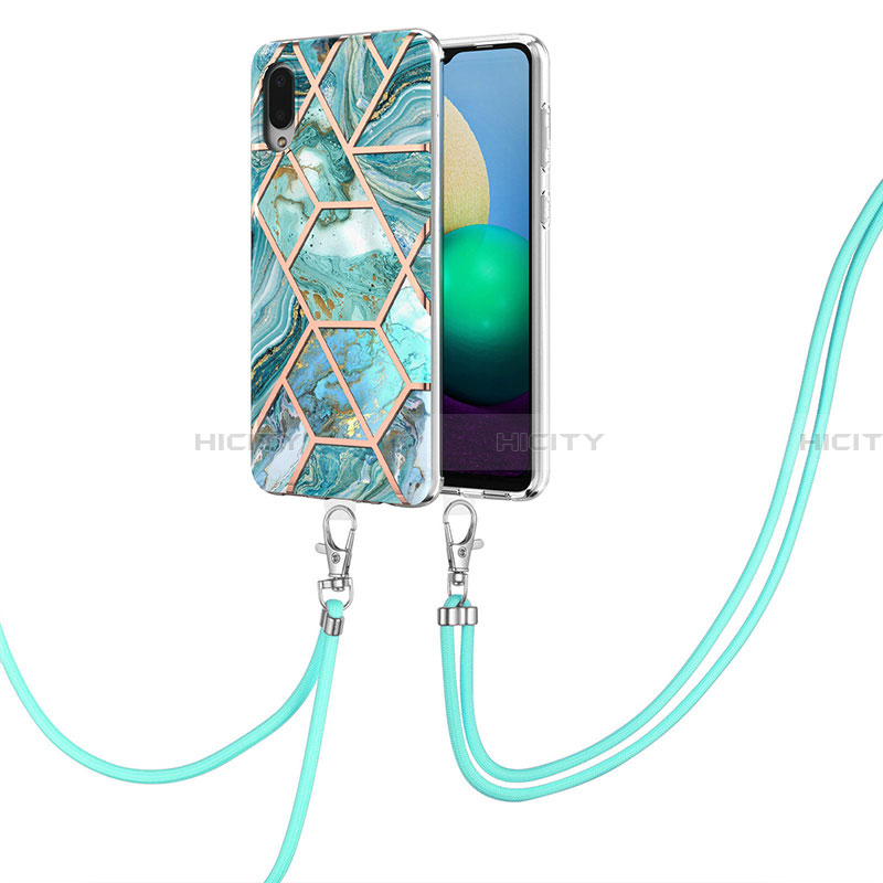 Handyhülle Silikon Hülle Gummi Schutzhülle Flexible Modisch Muster mit Schlüsselband Lanyard Y01B für Samsung Galaxy A02 Minzgrün