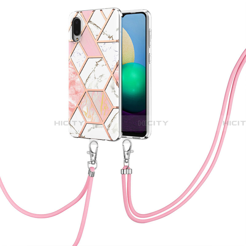 Handyhülle Silikon Hülle Gummi Schutzhülle Flexible Modisch Muster mit Schlüsselband Lanyard Y01B für Samsung Galaxy A02 Rosa Plus