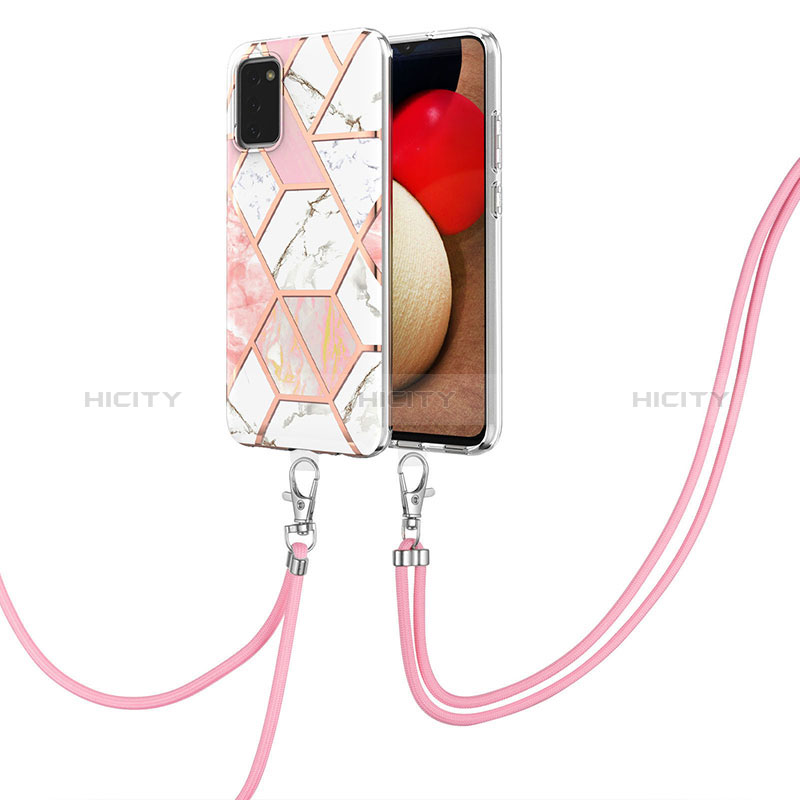 Handyhülle Silikon Hülle Gummi Schutzhülle Flexible Modisch Muster mit Schlüsselband Lanyard Y01B für Samsung Galaxy A02s Rosa