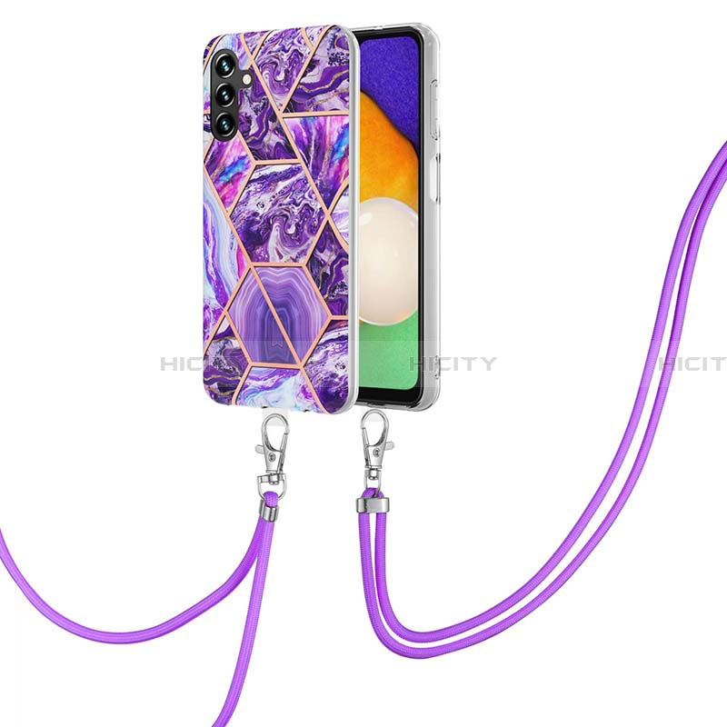 Handyhülle Silikon Hülle Gummi Schutzhülle Flexible Modisch Muster mit Schlüsselband Lanyard Y01B für Samsung Galaxy A13 5G Violett Plus