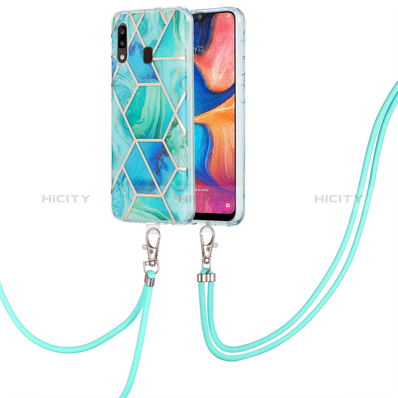 Handyhülle Silikon Hülle Gummi Schutzhülle Flexible Modisch Muster mit Schlüsselband Lanyard Y01B für Samsung Galaxy A20 groß