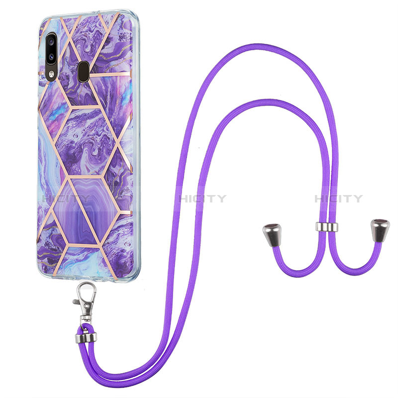 Handyhülle Silikon Hülle Gummi Schutzhülle Flexible Modisch Muster mit Schlüsselband Lanyard Y01B für Samsung Galaxy A20 groß