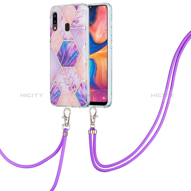 Handyhülle Silikon Hülle Gummi Schutzhülle Flexible Modisch Muster mit Schlüsselband Lanyard Y01B für Samsung Galaxy A20 Helles Lila Plus