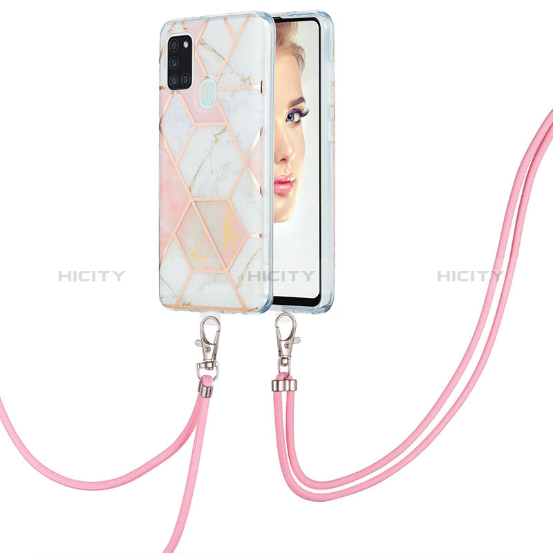 Handyhülle Silikon Hülle Gummi Schutzhülle Flexible Modisch Muster mit Schlüsselband Lanyard Y01B für Samsung Galaxy A21s groß