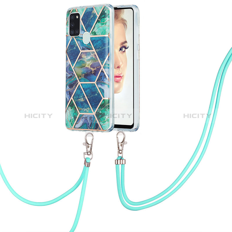 Handyhülle Silikon Hülle Gummi Schutzhülle Flexible Modisch Muster mit Schlüsselband Lanyard Y01B für Samsung Galaxy A21s groß