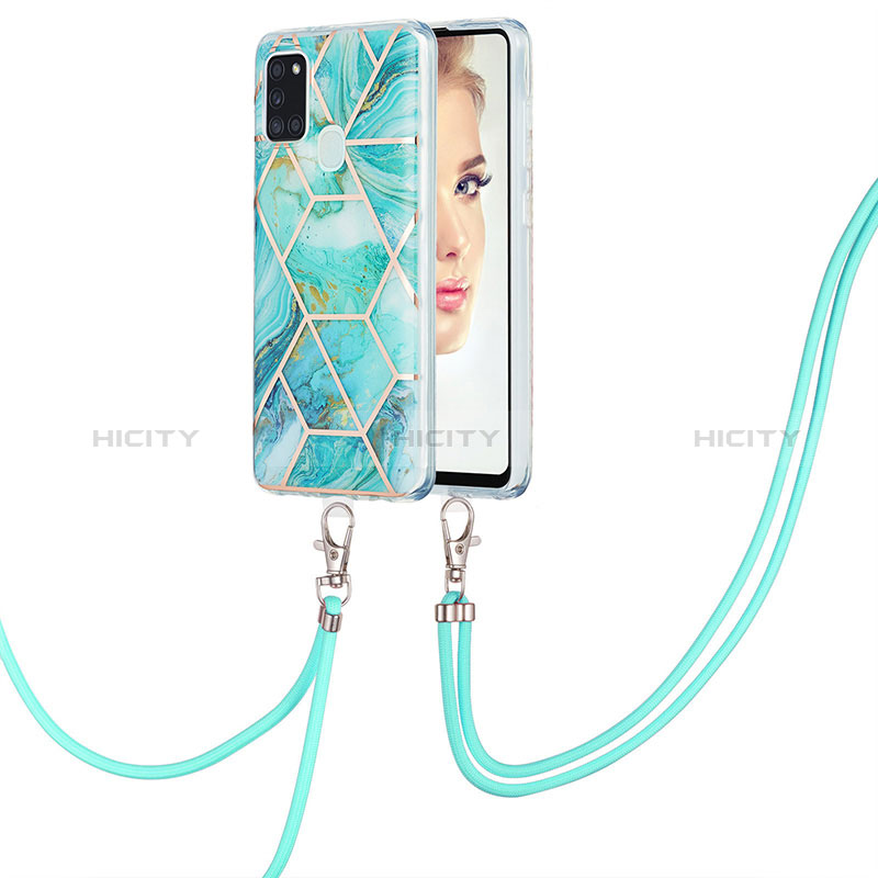 Handyhülle Silikon Hülle Gummi Schutzhülle Flexible Modisch Muster mit Schlüsselband Lanyard Y01B für Samsung Galaxy A21s groß