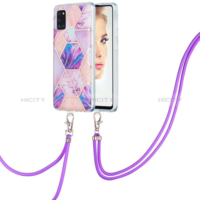 Handyhülle Silikon Hülle Gummi Schutzhülle Flexible Modisch Muster mit Schlüsselband Lanyard Y01B für Samsung Galaxy A21s groß