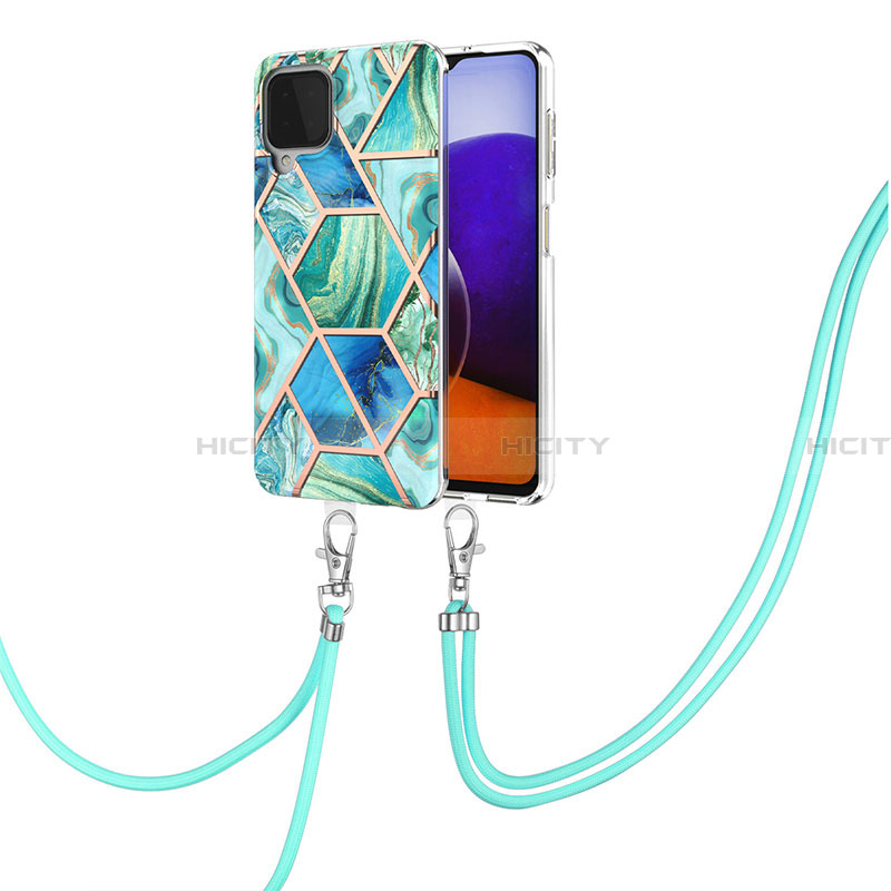Handyhülle Silikon Hülle Gummi Schutzhülle Flexible Modisch Muster mit Schlüsselband Lanyard Y01B für Samsung Galaxy A22 4G Minzgrün