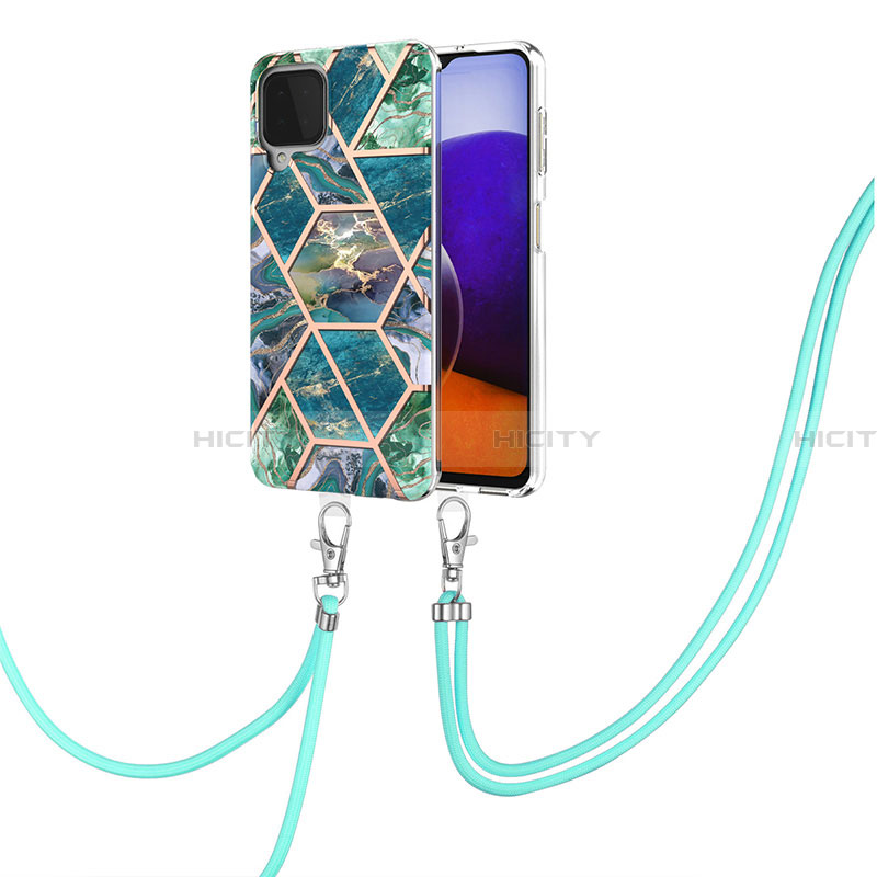 Handyhülle Silikon Hülle Gummi Schutzhülle Flexible Modisch Muster mit Schlüsselband Lanyard Y01B für Samsung Galaxy A22 4G Nachtgrün Plus