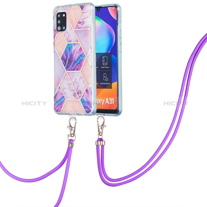 Handyhülle Silikon Hülle Gummi Schutzhülle Flexible Modisch Muster mit Schlüsselband Lanyard Y01B für Samsung Galaxy A31 Helles Lila