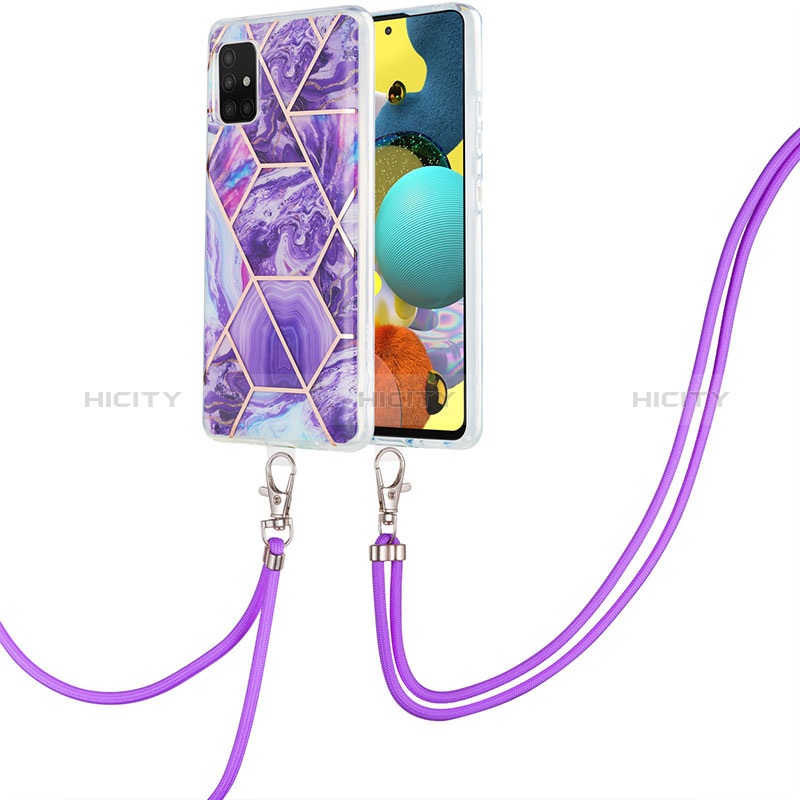 Handyhülle Silikon Hülle Gummi Schutzhülle Flexible Modisch Muster mit Schlüsselband Lanyard Y01B für Samsung Galaxy A51 4G Violett Plus