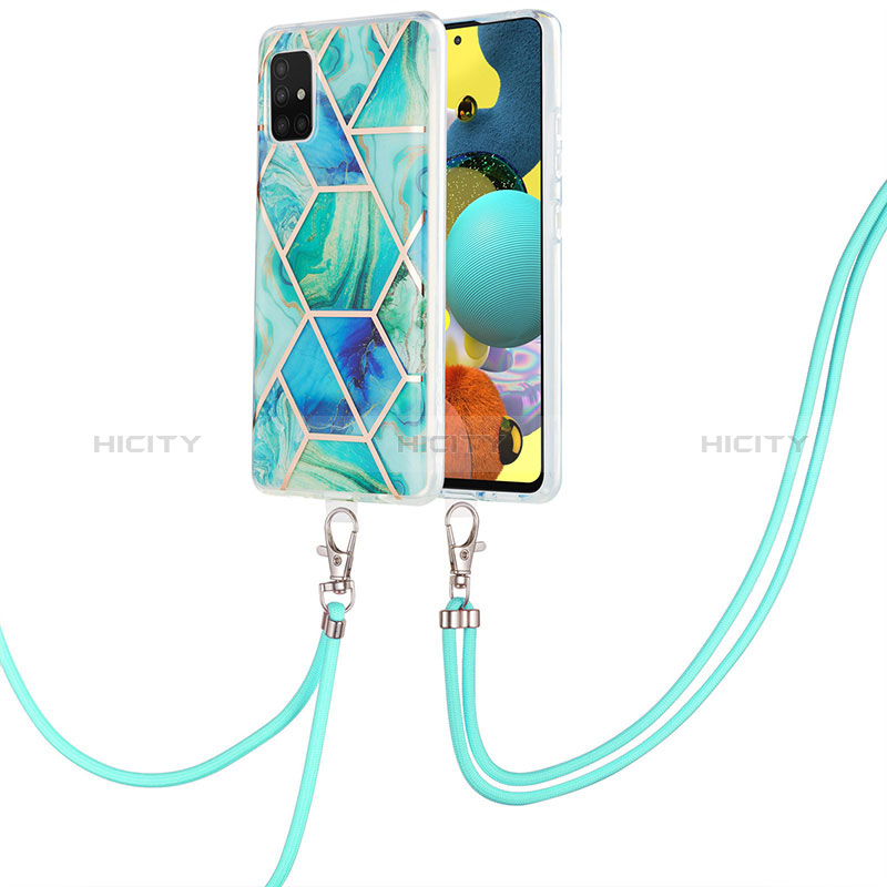 Handyhülle Silikon Hülle Gummi Schutzhülle Flexible Modisch Muster mit Schlüsselband Lanyard Y01B für Samsung Galaxy A51 5G Grün Plus