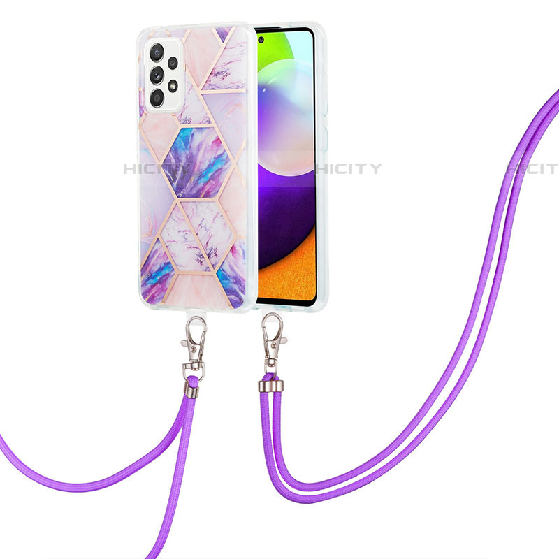 Handyhülle Silikon Hülle Gummi Schutzhülle Flexible Modisch Muster mit Schlüsselband Lanyard Y01B für Samsung Galaxy A52 4G Helles Lila