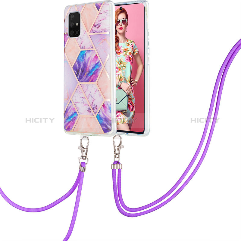 Handyhülle Silikon Hülle Gummi Schutzhülle Flexible Modisch Muster mit Schlüsselband Lanyard Y01B für Samsung Galaxy A71 4G A715 Helles Lila Plus