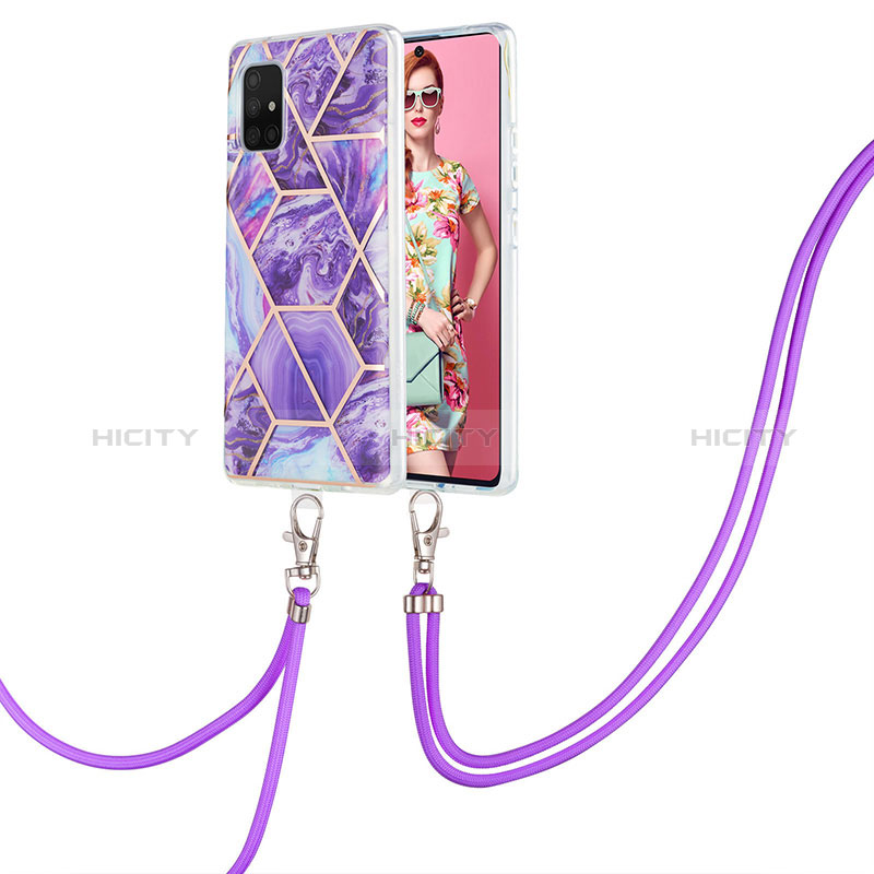 Handyhülle Silikon Hülle Gummi Schutzhülle Flexible Modisch Muster mit Schlüsselband Lanyard Y01B für Samsung Galaxy A71 5G Violett Plus