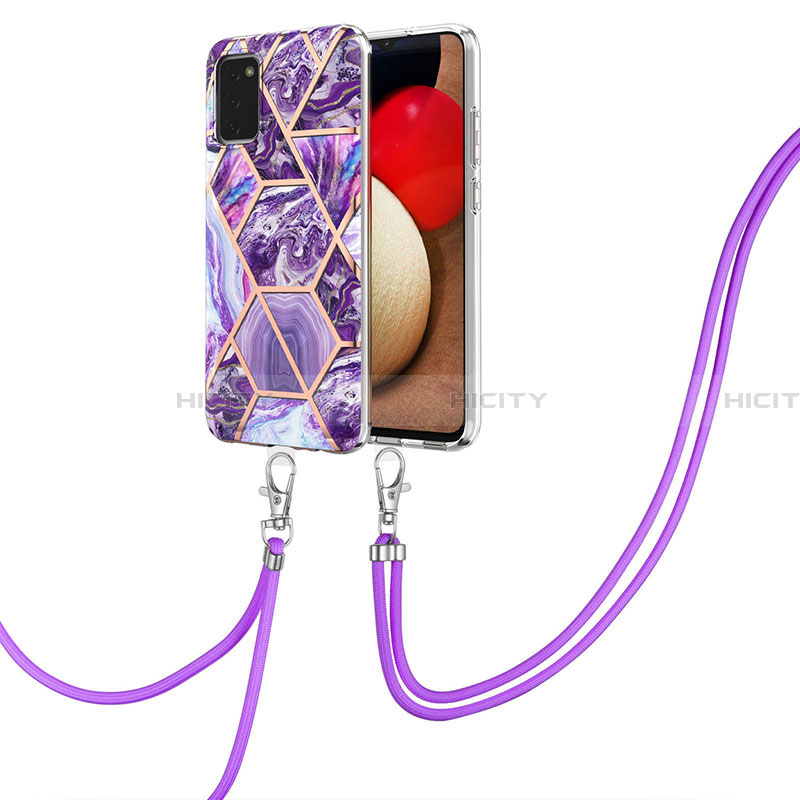 Handyhülle Silikon Hülle Gummi Schutzhülle Flexible Modisch Muster mit Schlüsselband Lanyard Y01B für Samsung Galaxy F02S SM-E025F Violett Plus