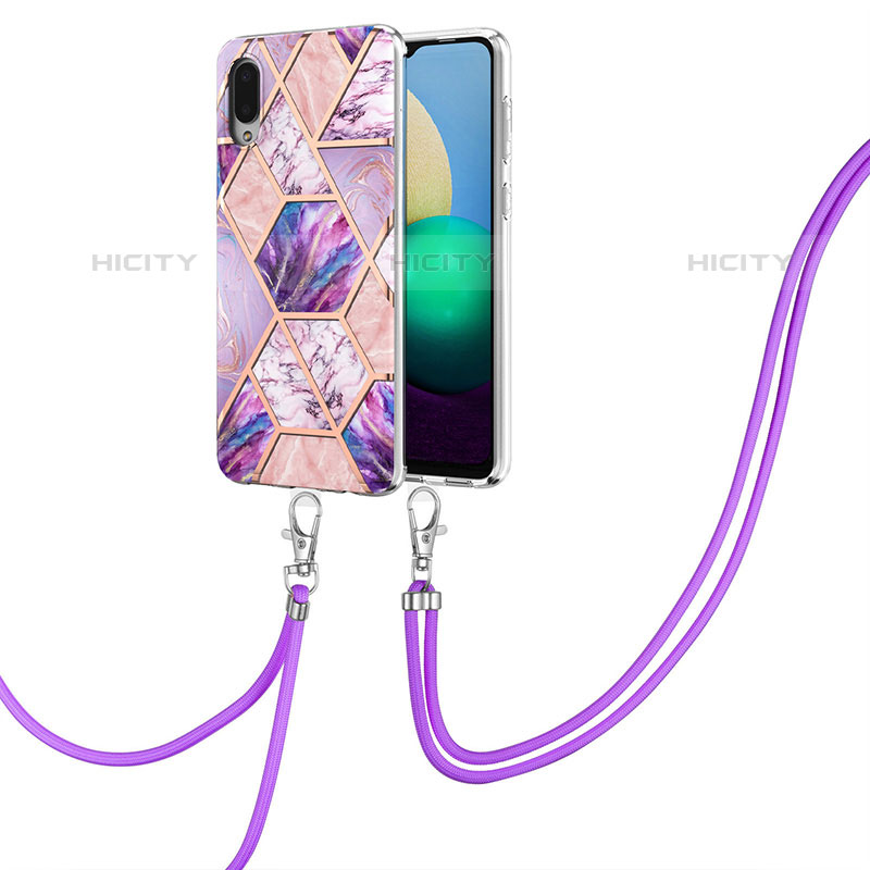 Handyhülle Silikon Hülle Gummi Schutzhülle Flexible Modisch Muster mit Schlüsselband Lanyard Y01B für Samsung Galaxy M02 Helles Lila