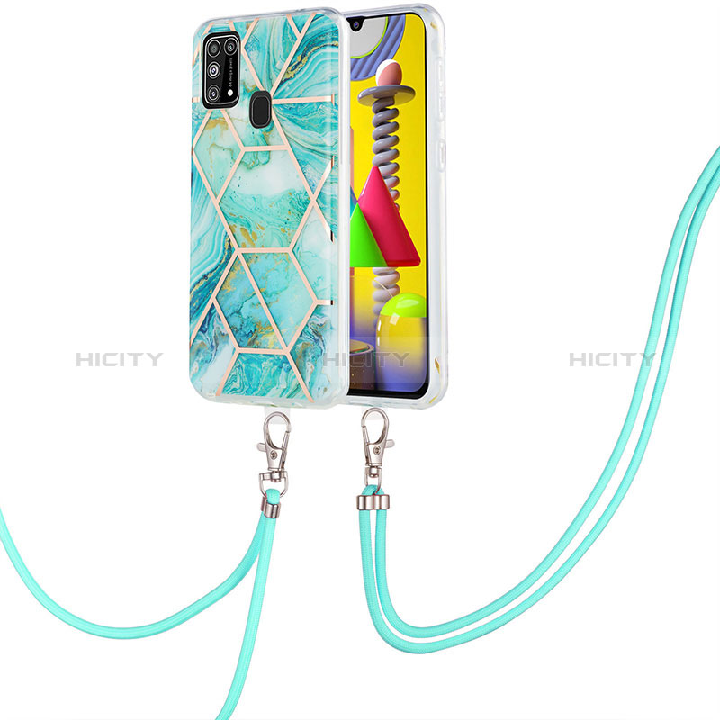 Handyhülle Silikon Hülle Gummi Schutzhülle Flexible Modisch Muster mit Schlüsselband Lanyard Y01B für Samsung Galaxy M21s Minzgrün