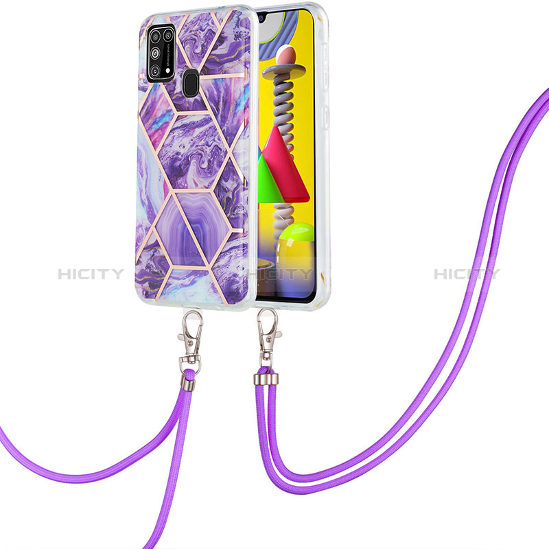 Handyhülle Silikon Hülle Gummi Schutzhülle Flexible Modisch Muster mit Schlüsselband Lanyard Y01B für Samsung Galaxy M21s Violett