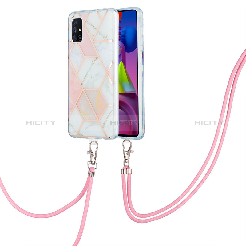 Handyhülle Silikon Hülle Gummi Schutzhülle Flexible Modisch Muster mit Schlüsselband Lanyard Y01B für Samsung Galaxy M51 Rosa