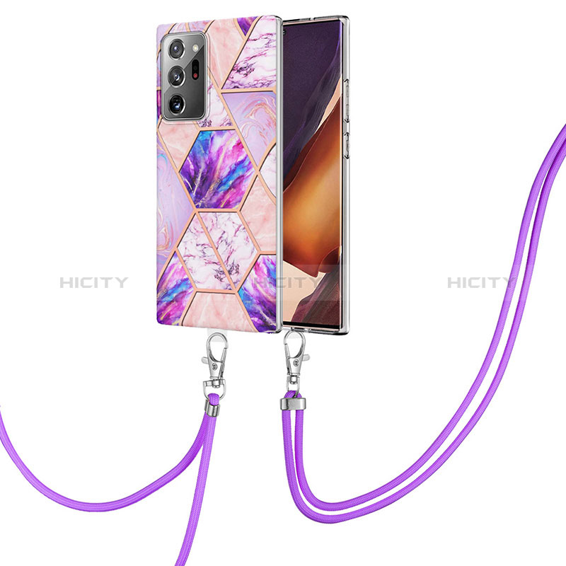 Handyhülle Silikon Hülle Gummi Schutzhülle Flexible Modisch Muster mit Schlüsselband Lanyard Y01B für Samsung Galaxy Note 20 Ultra 5G Helles Lila