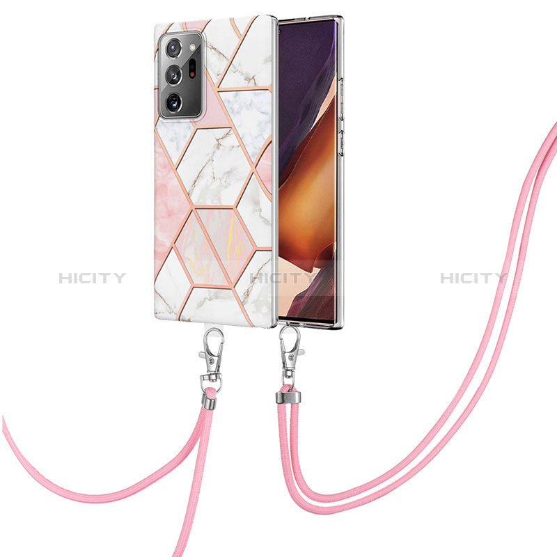 Handyhülle Silikon Hülle Gummi Schutzhülle Flexible Modisch Muster mit Schlüsselband Lanyard Y01B für Samsung Galaxy Note 20 Ultra 5G Rosa