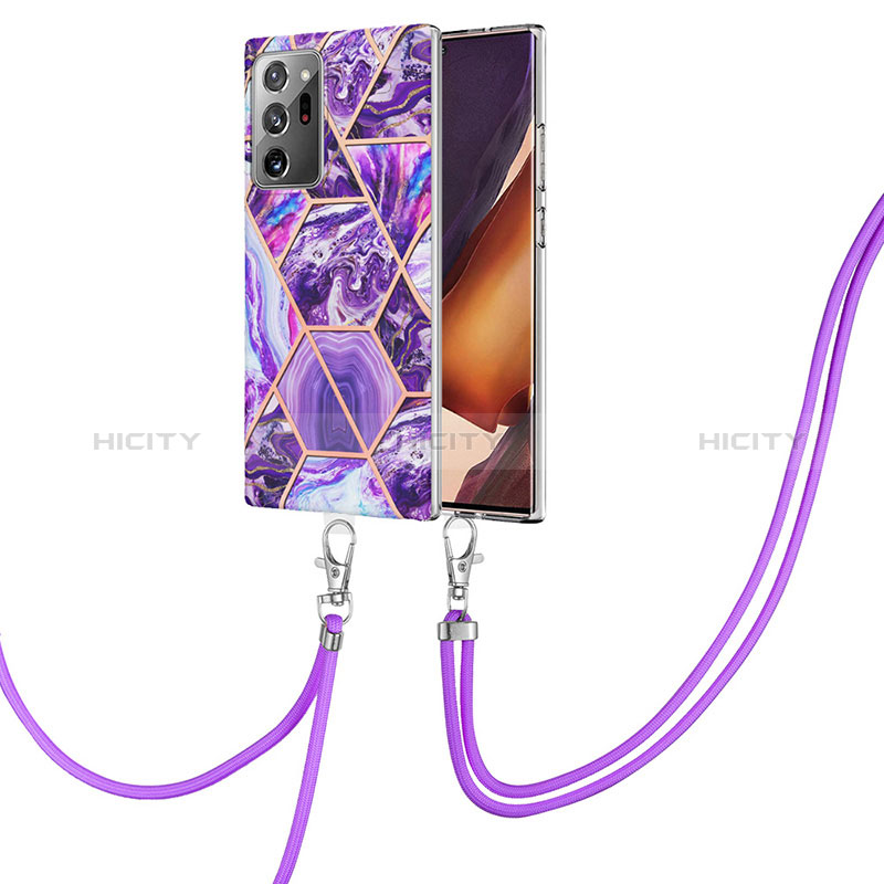 Handyhülle Silikon Hülle Gummi Schutzhülle Flexible Modisch Muster mit Schlüsselband Lanyard Y01B für Samsung Galaxy Note 20 Ultra 5G Violett